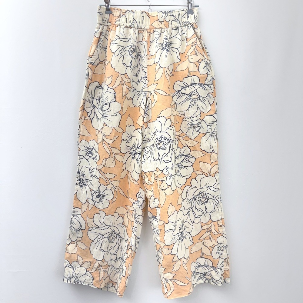 Rachel Zoe 100% Linen Wide Leg Pants Womens Small Peach Floral Pull On Pockets - Picture 2 of 14